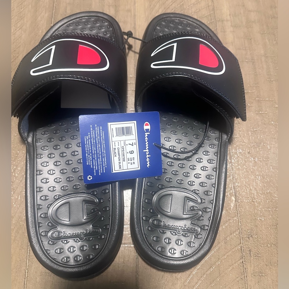 Champion Black Slides with Red Accent Logo NWT